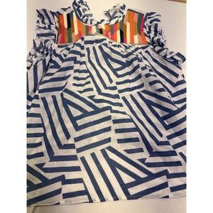 Anthropologie THML White & Blue Striped Embroidered Short Sleeve Cropped Medium